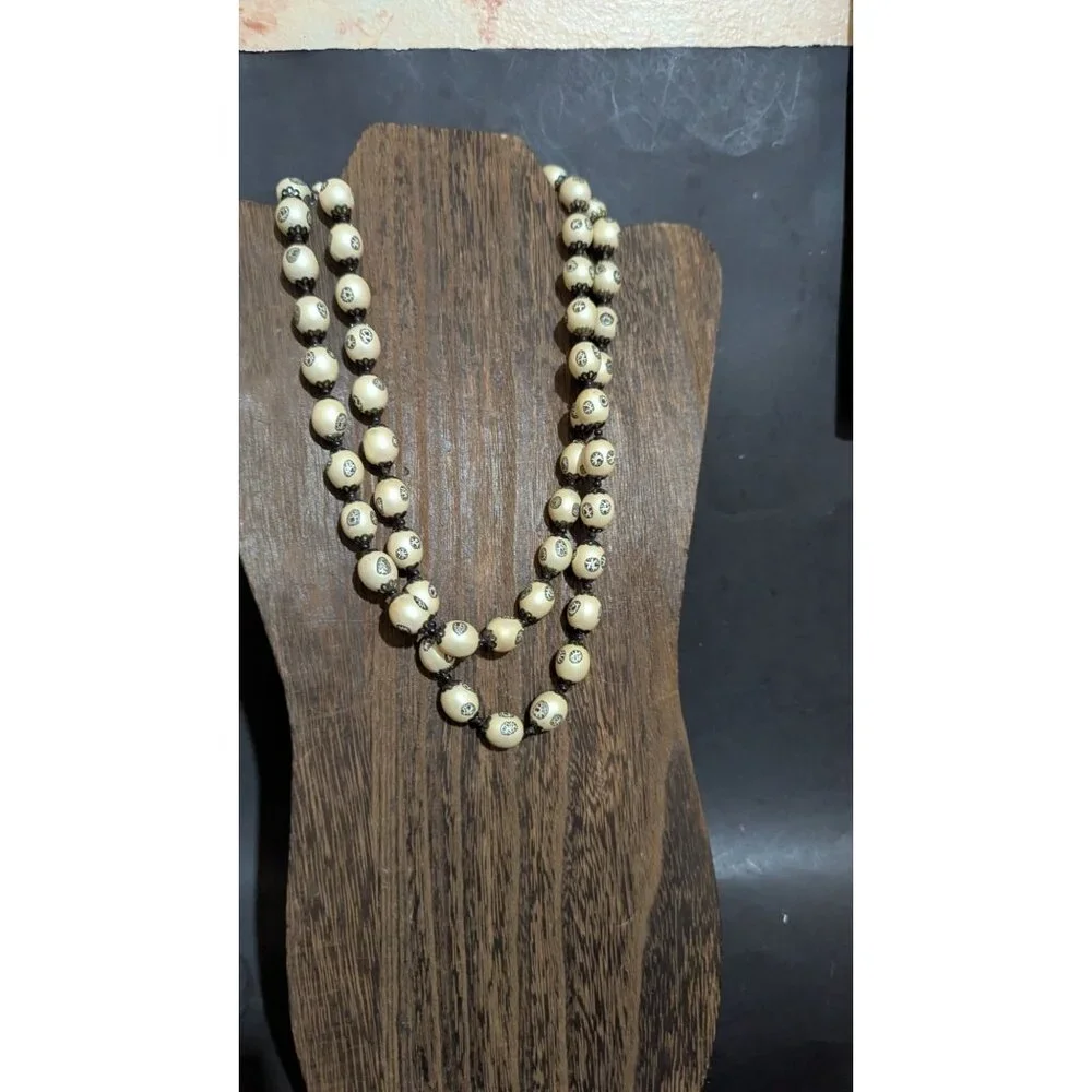 Handcrafted Double-Strand Cream Bead Necklace  Black Accents Floral‎ Etched